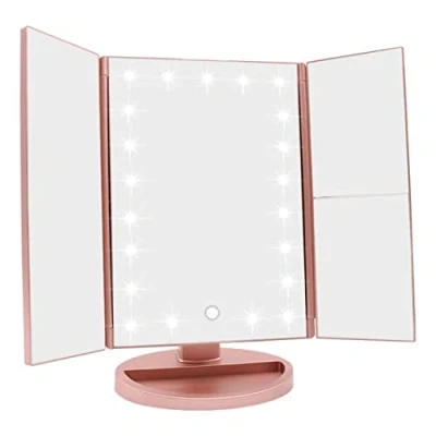 Imagen de Espejo de Maquillaje con LED, iluminado Mesa Luz ampliación (x1/x2/x3) plegable la Vanidad Rotación 180 Pantalla Táctil Cosmético para Hombre y Mujer (Oro Rosa)