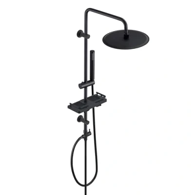 Imagen de Görbach Columna Ducha Hidromasaje sin Grifo Negra Barra en Acero Inoxidable de Altura Adjustable Set con Mano,Estante y Alcachofa Cabezal D25cm