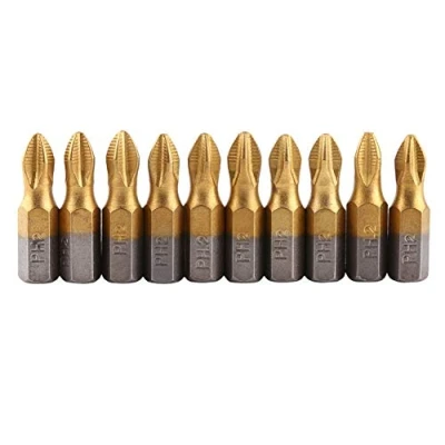 Imagen de Broca de Cabeza Cruzada PH2, 10 Piezas Titanio Recubierto 1/4&quot;Hexagonal 25 MM Longitud PH2 Juego Brocas para Destornillador S2