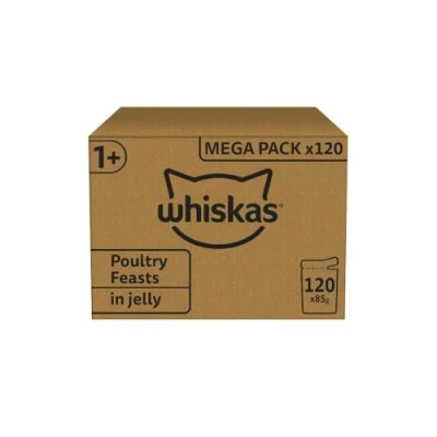Imagen de Whiskas Selección delicada en gelatina 1+, alimento húmedo para gatos, paquete de tamaño reserva, 120 bolsitas cada una 85 g (120 x g)