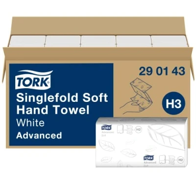 Imagen de Tork Singlefold Paper Towels 290143 H3 Advanced Folded for Dispenser Absorbentes, resistentes al desgarro, de 2 capas, blancas 15 x 250 hojas