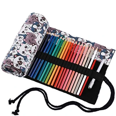 Imagen de Abaría Bolso para lápices, grande estuche enrollable 72 lapices colores, portalápices de lona, bolsa organizador lápices infantil adulto, blanco