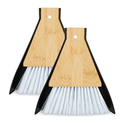 Imagen de Relaxdays Mini recogedor y Cepillo, Juego de 2, Escoba Mesa, Equipo Limpieza, Cocina Camping, Colgante, Blanco/Negro Set, Quitamigas Escritorio, Barredor Mano Bambú, 16,5 x 13 1,5 cm