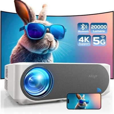 Imagen de Proyector, 20000 Lumens Proyector 4K Soporte 1080P Nativo WiFi 6 Bluetooth Portátil, AKIYO O8 Cine en Casa, Diseño de Malla Antipolvo, para Movil/iOS/Android/PC/TV Stick/PS5