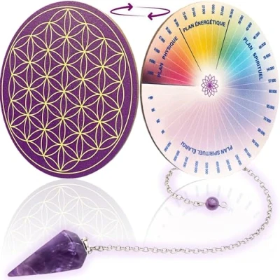 Imagen de Vibratis Péndulo adivinatorio de Amatista + Flor la Vida Madera para Rellenar Las Piedras y péndulos Escala Bovis 100% Fabricado en Francia