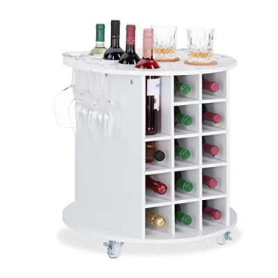 Imagen de Relaxdays Botellero Vino Giratorio para 17 Botellas y 6 Copas, DM Plástico, Blanco, 56x54cm