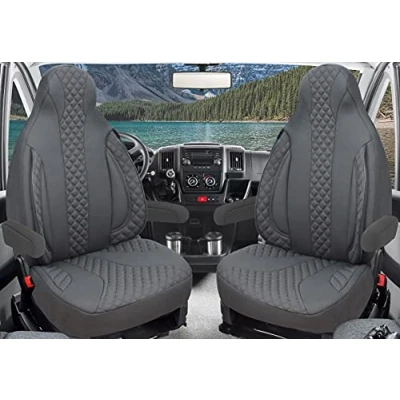 Imagen de Fundas de asiento para conductor y copiloto, compatibles con autocaravanas Pössl Weinsberg Knaus Adria Dethleffs Fendt Carthago Bürstner Eura Mobil Pilote Laika Kabe Chausson Hobby PL409 (color gris)