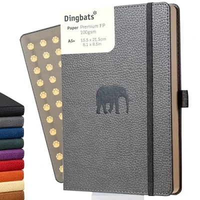 Imagen de Dingbats Wildlife Cuaderno Mediano Cuadriculado, Elefante Gris, A5 de Tapa Dura Cuero PU Papel Perforado, Crema, a Prueba Tinta 100 gsm