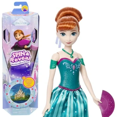 Imagen de Mattel Disney Frozen Spin &amp; Reveal Anna Conjunto de muñeca moda, con 11 sorpresas, incluidos 5 accesorios, pegatinas y escena juego, inspirado en la película Disney, JBG60