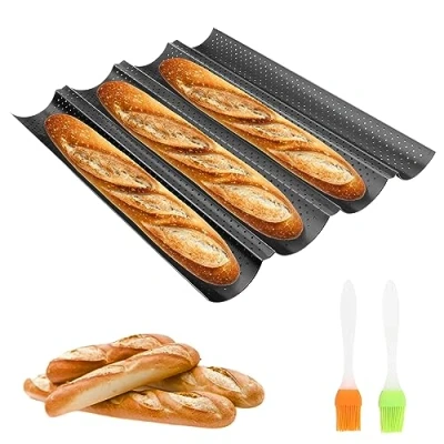 Imagen de MXTIMWAN Baguette Bandeja para Hornear, Molde Pan Baguette, de Horneado 4 Barras, Hornear Barra Francés Antiadherente, Perforada