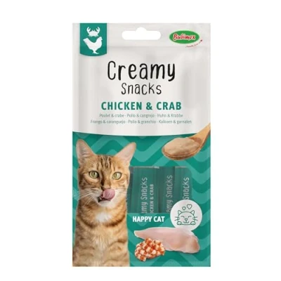Imagen de Bubimex Creamy Snacks de Pollo y Cangrejo Dulces cremas para lamer Gatos Textura Lisa, cremosa apetitosa Estimula el apetito favorece la hidratación 4 x 15 g