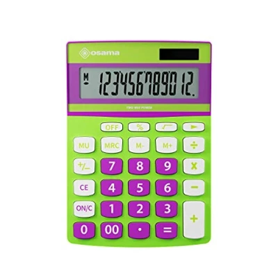 Imagen de Osama, Metacolor Calculadora de Escritorio para Oficina, 12 Cifras + 3 Dígitos Memoria y Pantalla LCD, Mesa Ideal como Material Escolar Papeleria, 3.6x11.5x15.5 cm, Verde/Violeta