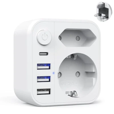 Imagen de Hoembpn Adaptador Inglés Enchufe a Francia Tipo G con Interruptor 3 USB y 1 C, de Viaje Universal Accesorios Cargador Internacional Reino Unido Inglaterra Irlanda Dubai