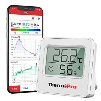 Imagen de ThermoPro TP357 260FT Bluetooth Termómetro, Higrómetro Digital con Monitor Remoto de Temperatura y Humedad APP Inteligente, Termómetro Casa Registros Máximos Mínimos, Blanco