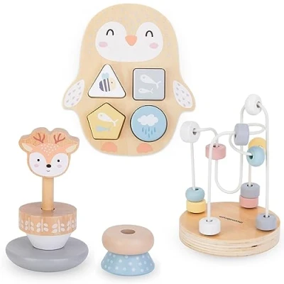 Imagen de mamabrum MAM79 Set de Juguetes Madera para Niños 1 Año Incluye Laberinto con Cuentas, PiráMide y Clasificador Pingüino Educativos Montessori