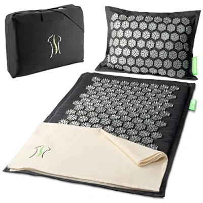 Imagen de BACKLAxx ® Set de Esterilla acupresion avanzado Para la relajación espalda, cuello, hombros y pies Alfombra contra tensión acupuntura con cojín, paño bolsa