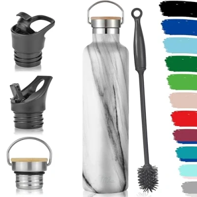 Imagen de Milu Botella de Agua, 500ml, 750ml, 1000ml (+3 Tapas) Acero Inoxidable, Libre BPA, Para Bebidas Calientes, Frías y Carbonatadas (Mármol, 1l)