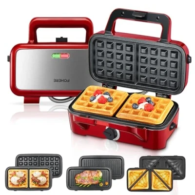 Imagen de Sandwichera 3 en 1, 1200W Grill, Gofrera y Sandwichera, Control de Temperatura 5 Velocidades, Placas Antiadherentes Extraíbles, Asa Toque Frío, LED Indicadores Luminosos, Libre BPA, Rojo