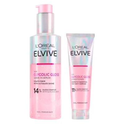 Imagen de L&#039;Oréal Paris Elvive Glycolic Gloss Serum Pelo sin Enjuague para Cabello Poroso y Opaco Brillo Intenso Duradero 150ml + Acondicionador Suave Brillante con Acido Glicólico 2 Botellas