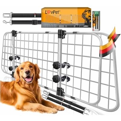 Imagen de Lovpet® Rejilla de Seguridad para Coche, separación Universal, Ancho Ajustable, reposacabezas el Maletero del Incluye 2 Cinturones Perros, Gris