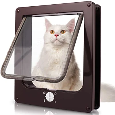 Imagen de Sailnovo Puerta para Gatos 23,5 * 27 5,5 cm, Marrón Tamaño X L con Cerradura de 4 Vías Puertas Interiores y Exteriores, Mascotas Resistente a la Intemperie