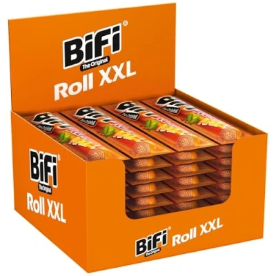 Imagen de BiFi Roll XXL Pack de 12 unidades 70 g, aperitivos salami envueltos en delicioso hojaldre, tentempié original para llevar, viajes, oficina o deporte, con pimienta, cilantro y ajo