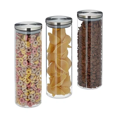 Imagen de Relaxdays Recipientes para alimentos, Herméticos, Tapa de Acero Inoxidable, 1 8L, 3 Uds., Transparente