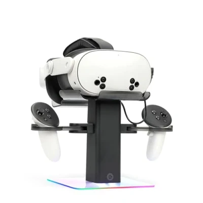 Imagen de Growalleter Base de carga para accesorios Oculus/Meta Quest 3S/Quest 3/Quest 2/Quest Pro, luz LED RGB, soporte vertical y controlador, solo auriculares VR (negro)
