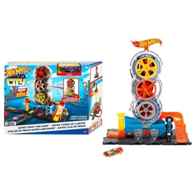 Imagen de Hot Wheels City Super Twist Tire Shop Taller con Rueda Gigante Incluye Coche Compatible Conjuntos Regalo para Niños de 4 8 Años, HDP02