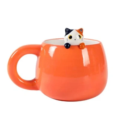 Imagen de I TOTAL® taza de cerámica con animales en el borde, para té o café (ORANGE CAT) 450 ml
