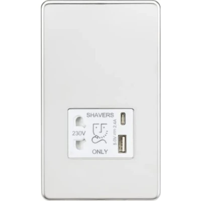 Imagen de Knightsbridge Enchufe de afeitadora sin tornillos con doble USB A+C (5V DC 2.4A compartido) Cromo pulido inserto blanco