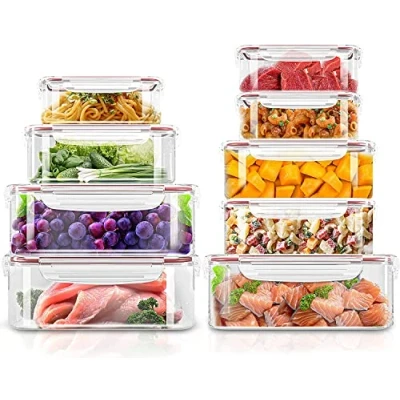 Imagen de KICHLY Contenedores herméticos de plástico para almacenamiento alimentos,18 piezas (9 recipientes y 9 tapas), alimentos con tapas,despensa,a prueba fugas (rojo)