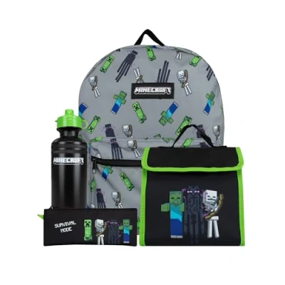 Imagen de Minecraft Mochila Escolar Niño E Bolsa De Almuerzo Set Fiambrera Y Botella Infantil One Size Negro