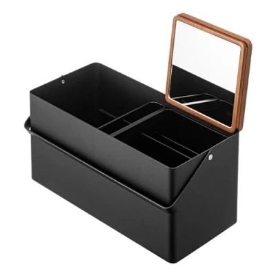 Imagen de YAMAZAKI 5454 TOWER Caja de maquillaje, negro, Acero/Madera/Espejo/Resina ABS, minimalista, 31 x 15 15.7 cm