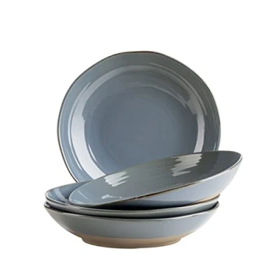 Imagen de MÄSER Serie Nottingham, juego de 4 platos hondos con líneas filigrana y esmalte elegante, grandes para pasta sopas cerámica en aspecto vintage moderno, gres, gris azul