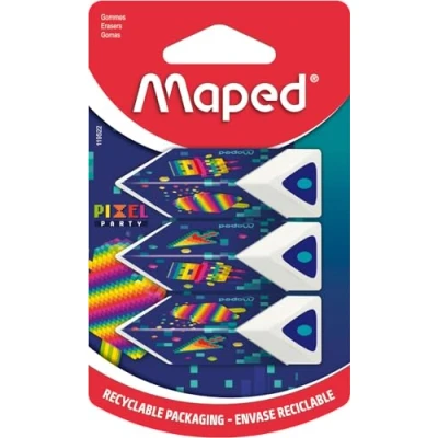 Imagen de Maped Juego de 3 gomas borrar pirámides con precisión y comodidad, color blanco, gama Pixel Party Embalaje reciclable