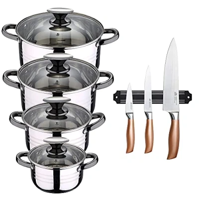 Imagen de Bateria de cocina 8 piezas apta para induccion SAN IGNACIO Hita en acero inoxidable con set 3 cuchillos barra magnetica