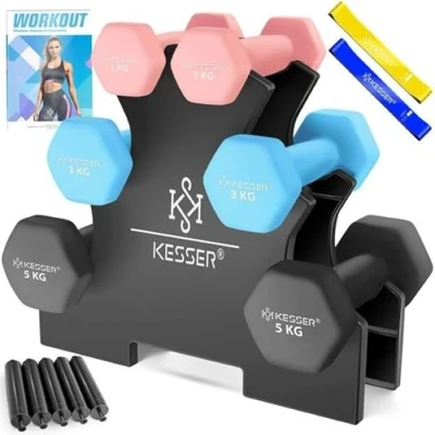 Imagen de KESSER® juego de mancuernas, 3 pares, 1 kg 5 kg, 12 o 18 con soporte, almacenamiento, gimnasio, entrenamiento fuerza, pesas neopreno antideslizante, cuaderno ejercicios,
