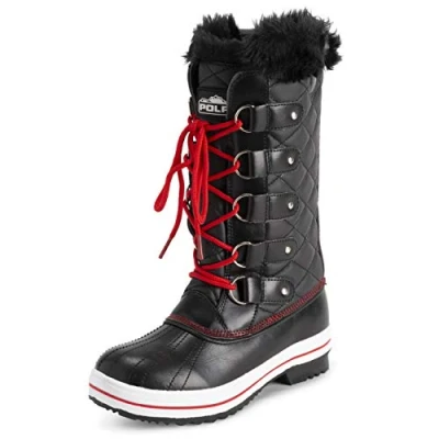 Imagen de Polar Mujer Acolchada Alto Nieve Impermeable Invierno Piel Sintética Durable Suela De Goma Al Aire Libre Lluvia Botas Negro/Rojo UK6/EU39 YC0630