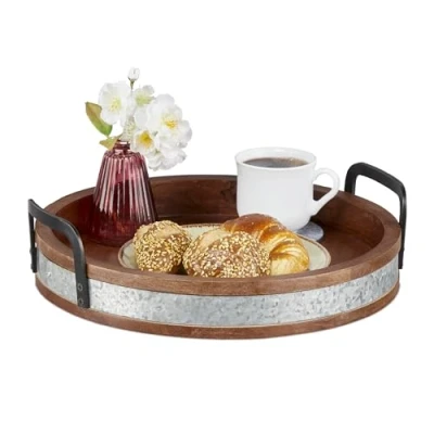 Imagen de Relaxdays Borde metálico Bandeja Redonda de Madera Mango, con Asas, Servir, Desayuno, Decorativa, Cocina, 9 x 35 cm, Marrón/Plateado, Hierro