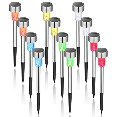 Imagen de GIGALUMI luces solares para el jardín, camino de LED exteriores, acero inoxidable, 12 unidades, Colored