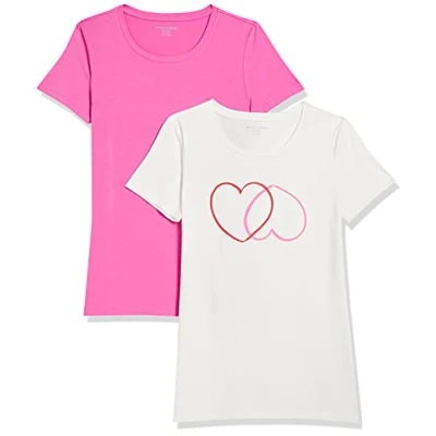 Imagen de Amazon Essentials Camiseta de Cuello Caja Manga Corta y Ajuste Clásico Mujer, Pack 2, Blanco Corazones/Rosa, S