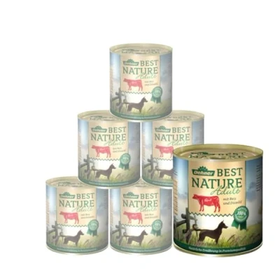 Imagen de Dehner Best Nature Comida húmeda para Perros, sin Cereales, Perros Adultos, Carne de Res, arroz, Cardo, 6 latas 800 g (4,8 kg)