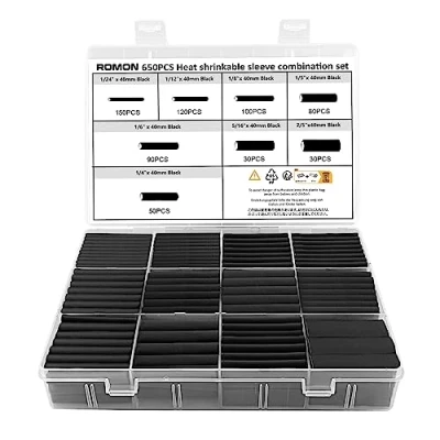 Imagen de Romon 650 Piezas Tubo Termorretráctil Negro, Kit de Térmico Negro 2:1, Surtido Aislamiento Eléctrico, Funda Termoretractil para Cables, 8 Tamaños