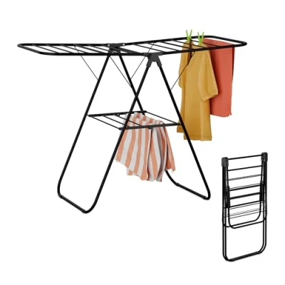 Imagen de Relaxdays Tendedero Plegable, Tenderete Colada 2 Alas, Niveles para Tender Ropa, 93 x 136 58 cm, Negro, Madera, 93x136x58 cm