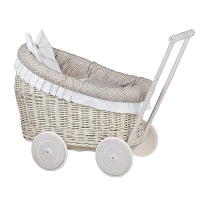 Imagen de e wicker24 Landau Poussette pour poupée en Osier Blanc,poignée et Roues Bois avec Tissu Beige Blanc