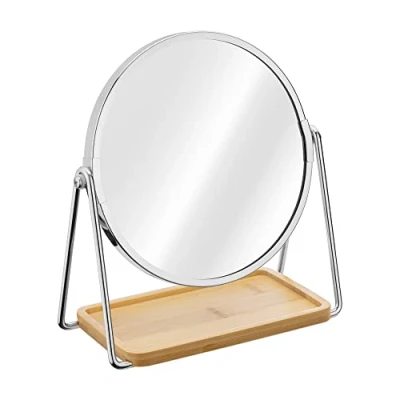 Imagen de Navaris Espejo de Mesa Redondo Doble Cara con Aumento 2X y 1x para tocador baño Base Bandeja bambú Maquillaje Joyas Plata