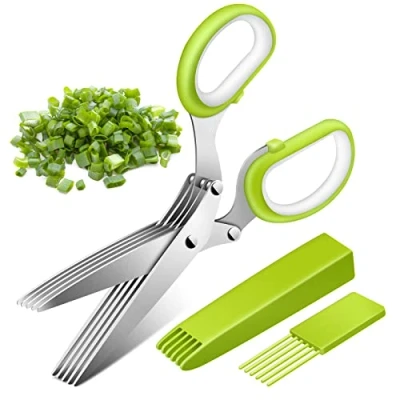 Imagen de Senbos Tijera para Hierbas de Cocina en Acero Inoxidable, con 5 Hojas, Multifunción Peine Limpieza Picar Albahaca, Cebollino, Orégano, Romero