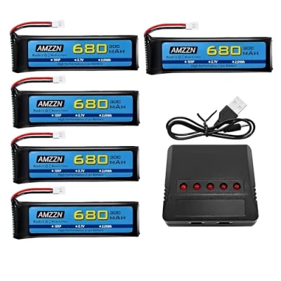 Imagen de AMZZN Molex 5 baterías de 3,7V y 680mAh 1S Lipo con Enchufe en 1 para Wltoys XK K110 K110S V977 V988 V930 Q282 Mando a Distancia Drone, Cuatro Ejes Aircraft Backup batería