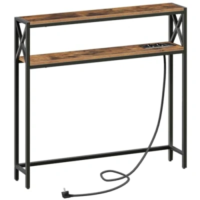 Imagen de MAHANCRIS Mesa de Entrada Doble 100 cm, Consola con 2 Enchufes y Puertos USB, Estrecha Entrada, para Pasillo Estantes, Pasillo, Vestíbulo Marrón ACTHR115UE01